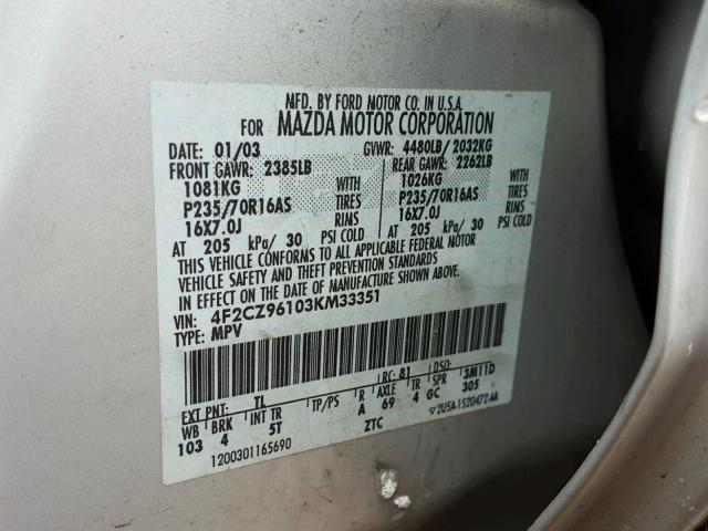 4F2CZ96103KM33351 - 2003 MAZDA TRIBUTE ES 银色 照片 10