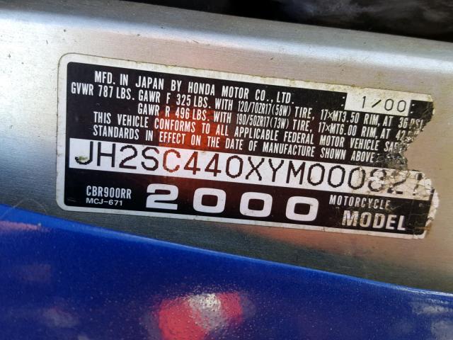 JH2SC440XYM000827 - 2000 HONDA CBR900 RR BLUE photo 10