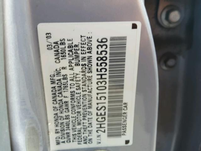 2HGES15103H558536 - 2003 HONDA CIVIC DX SILVER photo 10