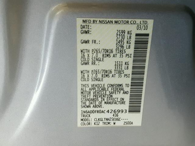 1N6AD0FR0AC426993 - 2010 NISSAN FRONTIER C SILVER photo 10