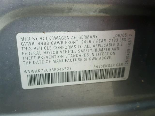 WVWAK73C36E046527 - 2006 VOLKSWAGEN PASSAT 2.0 GRAY photo 10