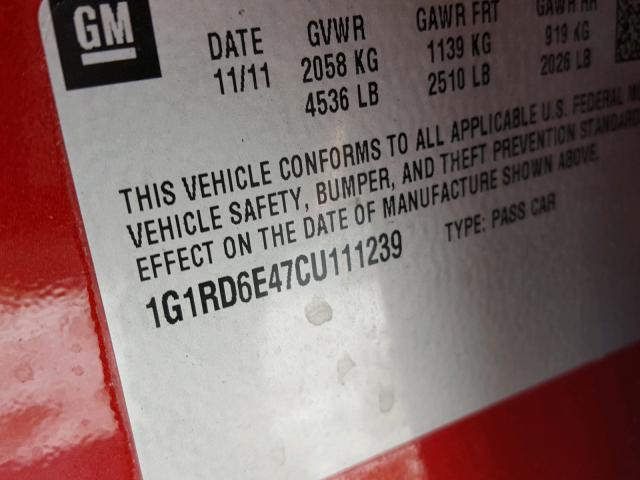 1G1RD6E47CU111239 - 2012 CHEVROLET VOLT RED photo 10