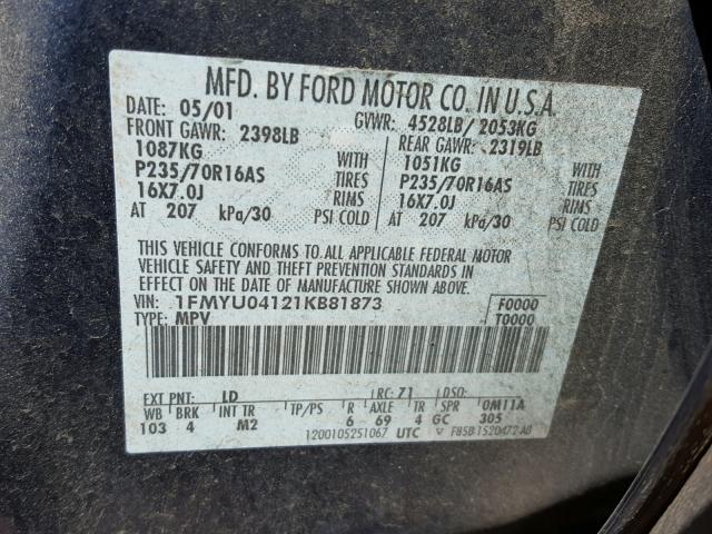 1FMYU04121KB81873 - 2001 FORD ESCAPE XLT BLUE photo 10