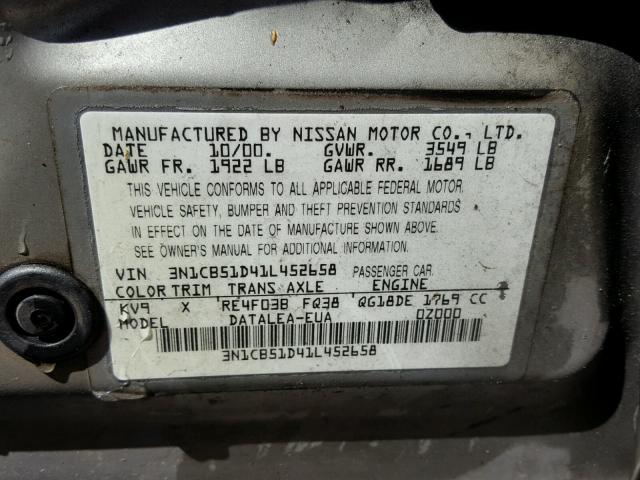 3N1CB51D41L452658 - 2001 NISSAN SENTRA XE GRAY photo 10