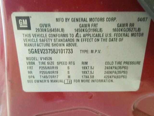 5GAEV23758J101733 - 2008 BUICK ENCLAVE CX BURGUNDY photo 10