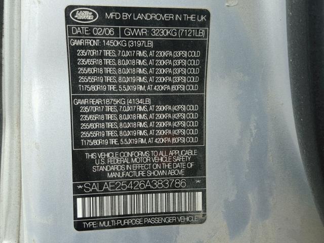 SALAE25426A383786 - 2006 LAND ROVER LR3 SE SILVER photo 10