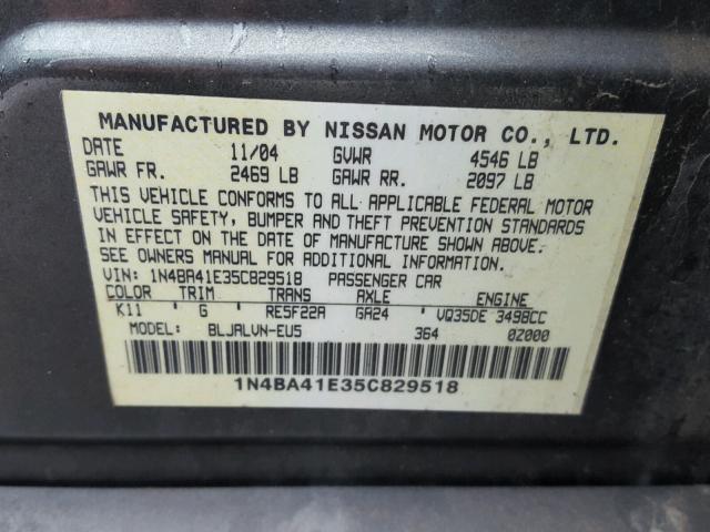 1N4BA41E35C829518 - 2005 NISSAN MAXIMA SE GRAY photo 10