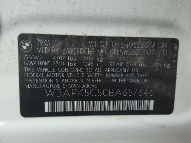 WBAPK5C50BA657646 - 2011 BMW 328 XI SUL WHITE photo 10