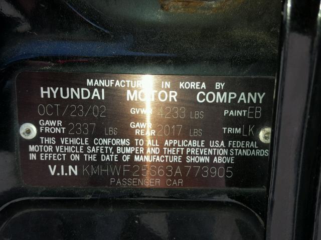 KMHWF25S63A773905 - 2003 HYUNDAI SONATA GL BLACK photo 10