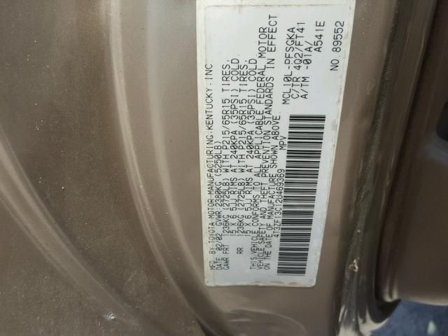 4T3ZF13C12U469369 - 2002 TOYOTA SIENNA LE BEIGE photo 10