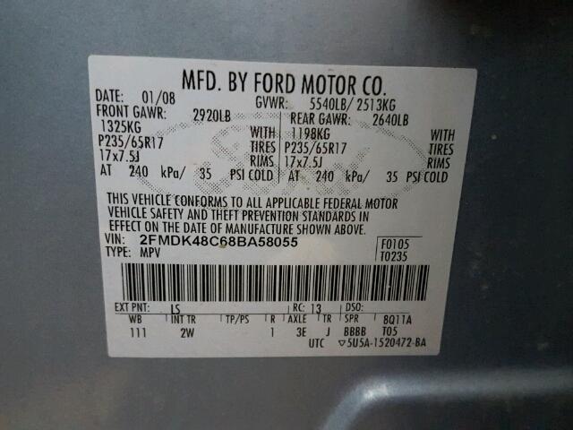 2FMDK48C68BA58055 - 2008 FORD EDGE SEL BLUE photo 10