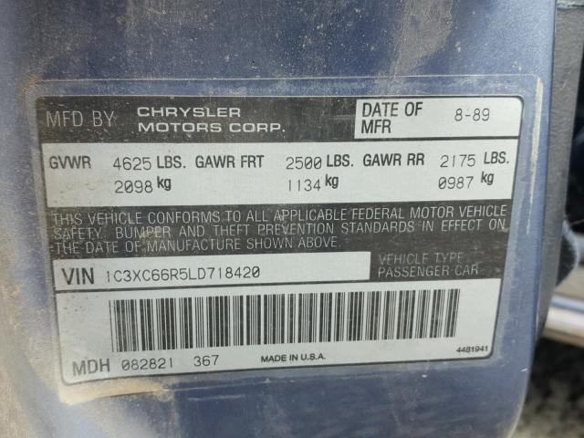 1C3XC66R5LD718420 - 1990 CHRYSLER NEW YORKER 蓝色 照片 10