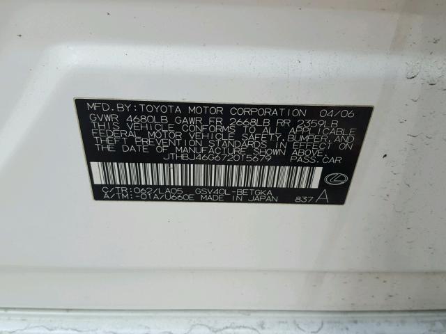 JTHBJ46G672015679 - 2007 LEXUS ES 350 WHITE photo 10