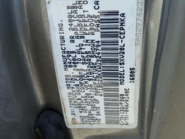 4T1BG22KXWU324794 - 1998 TOYOTA CAMRY CE TAN photo 10