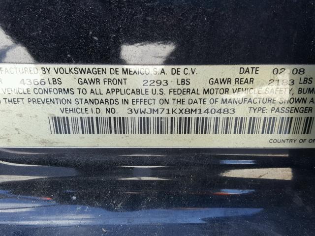 3VWJM71KX8M140483 - 2008 VOLKSWAGEN JETTA S 黑色 照片 10