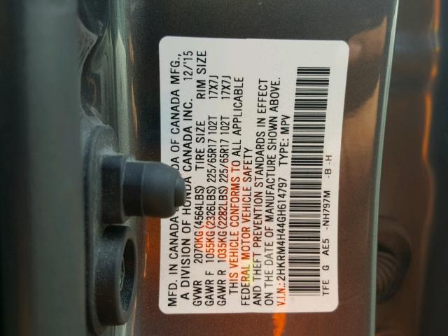 2HKRM4H44GH614797 - 2016 HONDA CR-V SE GRAY photo 10