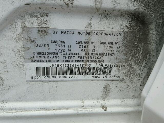 JM1BK123261418143 - 2006 MAZDA MAZDA3S WHITE photo 10