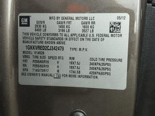 1GKKVRED2CJ342479 - 2012 GMC ACADIA SLT ყავისფერი ფოტო 10