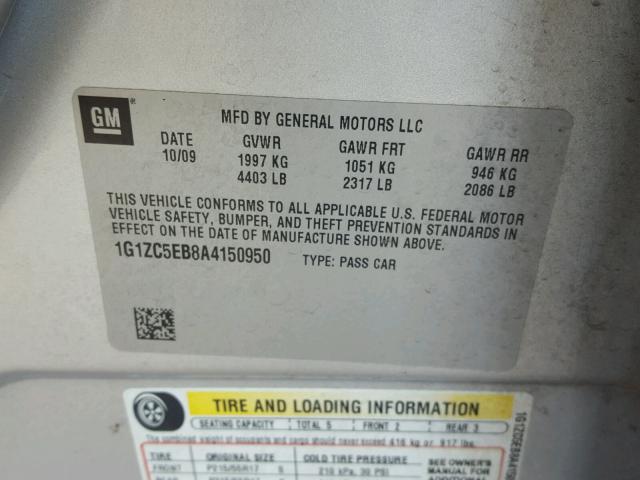 1G1ZC5EB8A4150950 - 2010 CHEVROLET MALIBU 1LT 银色 照片 10