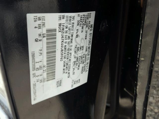 1FMZU67K44UB59765 - 2004 FORD EXPLORER S BLACK photo 10