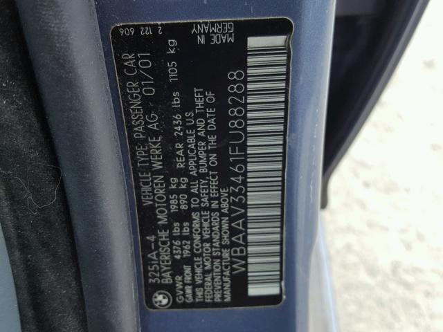 WBAAV33461FU88288 - 2001 BMW 325 I BLUE photo 10