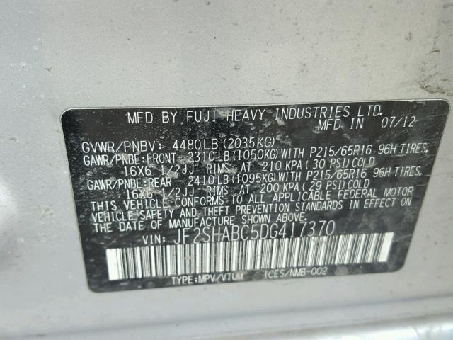 JF2SHABC5DG417370 - 2013 SUBARU FORESTER 2 SILVER photo 10