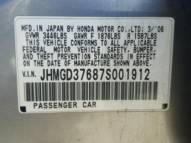 JHMGD37687S001912 - 2007 HONDA FIT S SILVER photo 10