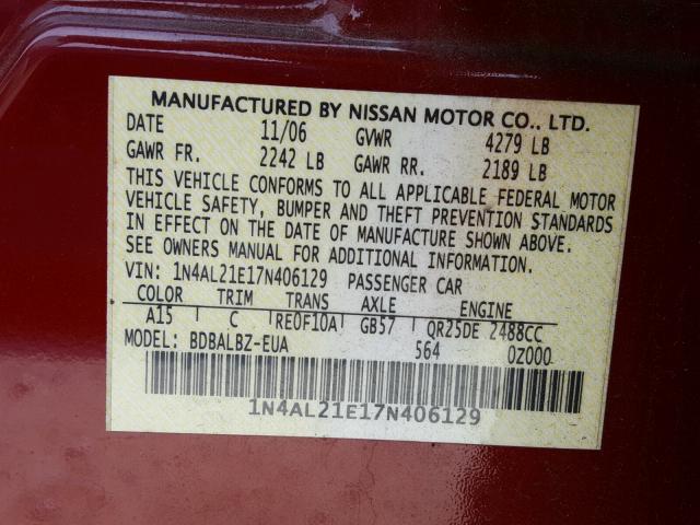 1N4AL21E17N406129 - 2007 NISSAN ALTIMA 2.5 RED photo 10