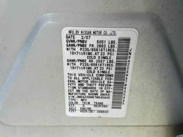 JN8AZ08W67W645945 - 2007 NISSAN MURANO SL SILVER photo 10