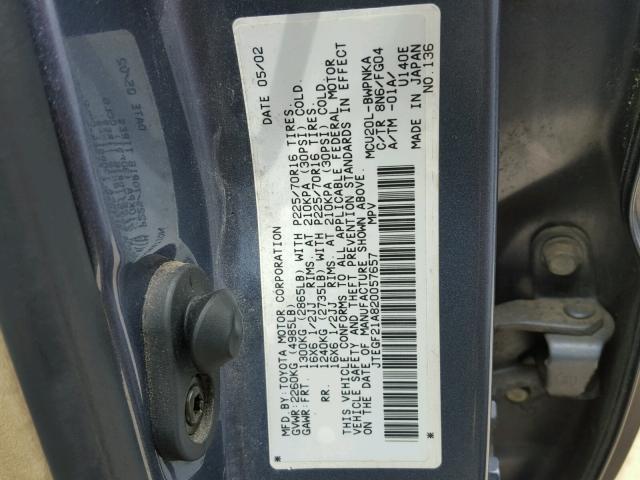 JTEGF21A820057657 - 2002 TOYOTA HIGHLANDER BLUE photo 10