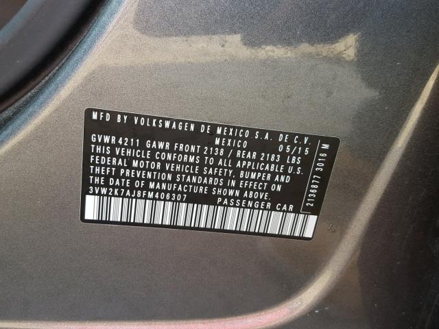 3VW2K7AJ8FM406307 - 2015 VOLKSWAGEN JETTA BASE GRAY photo 10