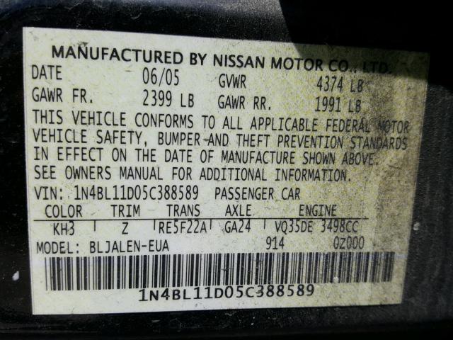 1N4BL11D05C388589 - 2005 NISSAN ALTIMA SE BLACK photo 10