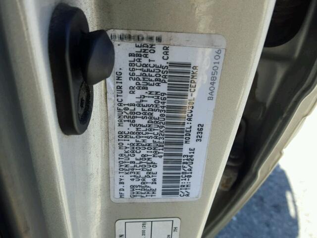 4T1BE32K92U034469 - 2002 TOYOTA CAMRY LE SILVER photo 10