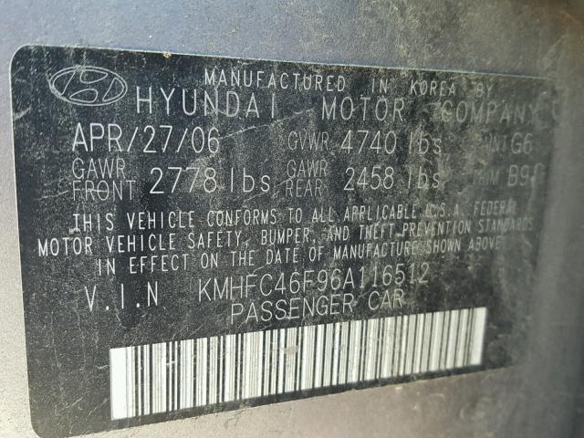 KMHFC46F96A116512 - 2006 HYUNDAI AZERA SE GRAY photo 10