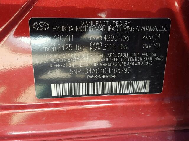 5NPEB4AC3CH365795 - 2012 HYUNDAI SONATA GLS RED photo 10