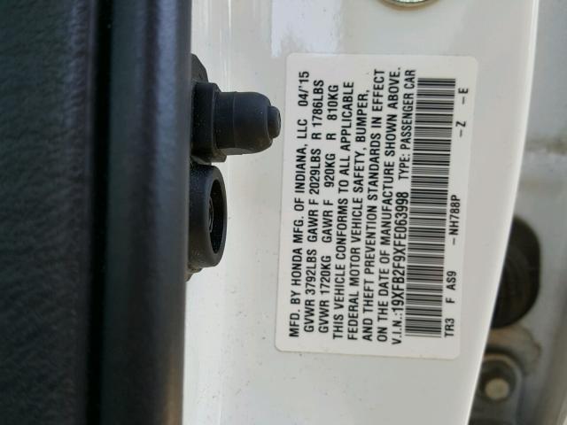 19XFB2F9XFE063998 - 2015 HONDA CIVIC EXL 白色 照片 10