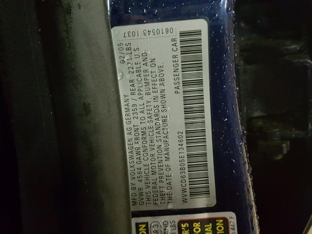 WVWCD63B05E134602 - 2005 VOLKSWAGEN PASSAT GLS BLUE photo 10