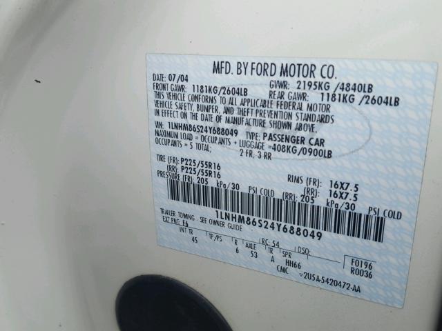 1LNHM86S24Y688049 - 2004 LINCOLN LS 白色 照片 10