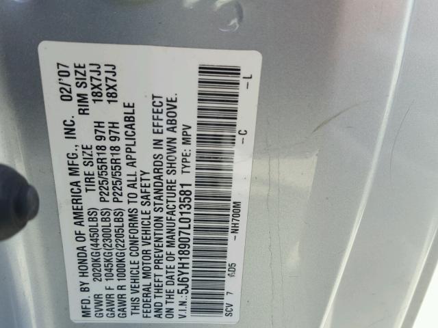 5J6YH18907L013581 - 2007 HONDA ELEMENT SC SILVER photo 10