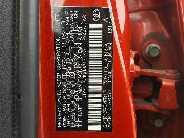 JTKKU10408J017143 - 2008 TOYOTA SCION XD RED photo 10