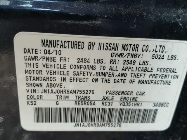 JN1AJ0HR9AM755276 - 2010 INFINITI EX35 BASE BLUE photo 10