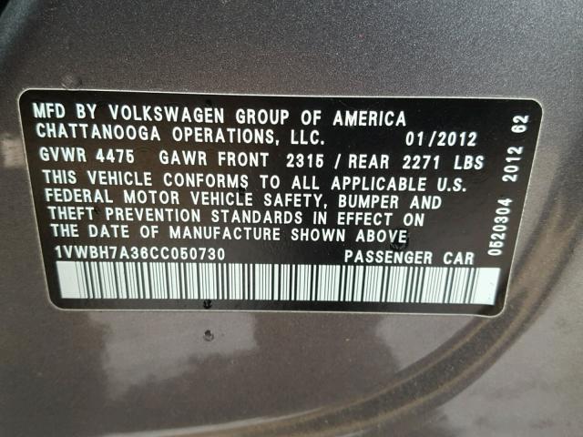 1VWBH7A36CC050730 - 2012 VOLKSWAGEN PASSAT SE GRAY photo 10