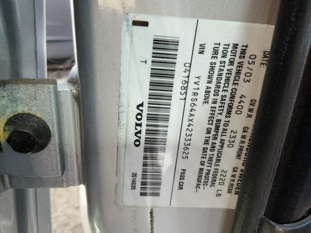 YV1RS64AX42333625 - 2004 VOLVO S60 银色 照片 10