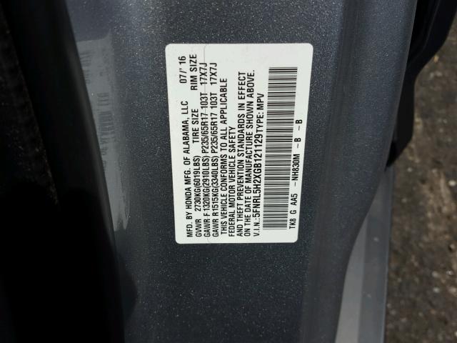 5FNRL5H2XGB121129 - 2016 HONDA ODYSSEY LX SILVER photo 10