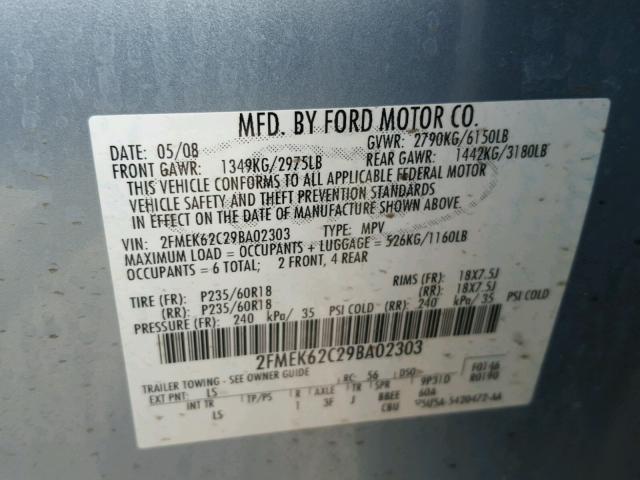 2FMEK62C29BA02303 - 2009 FORD FLEX SEL BLUE photo 10