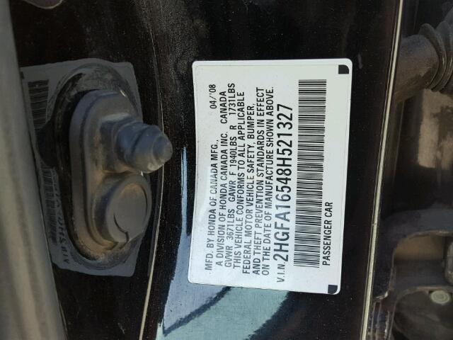 2HGFA16548H521327 - 2008 HONDA CIVIC LX BLACK photo 10