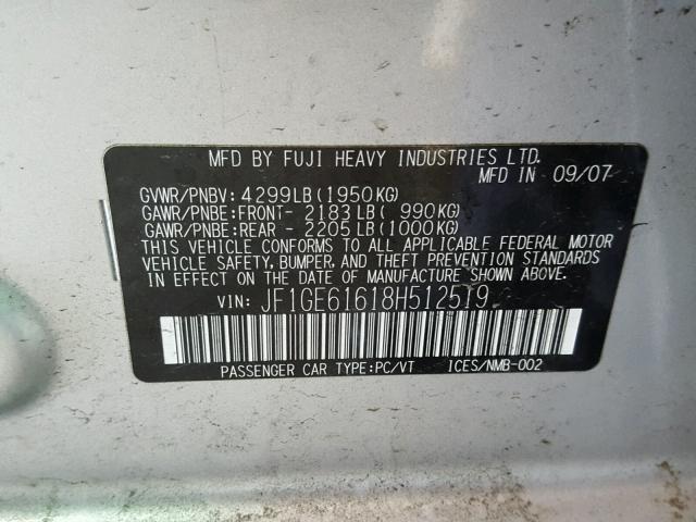 JF1GE61618H512519 - 2008 SUBARU IMPREZA 2. SILVER photo 10