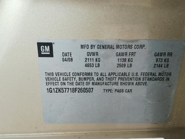 1G1ZK57718F260507 - 2008 CHEVROLET MALIBU LTZ 金色 照片 10