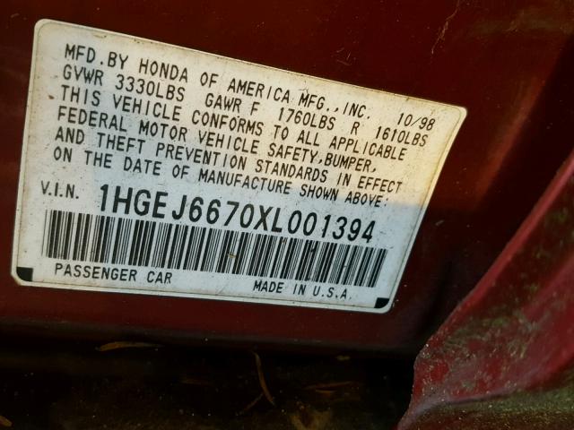 1HGEJ6670XL001394 - 1999 HONDA CIVIC LX RED photo 10