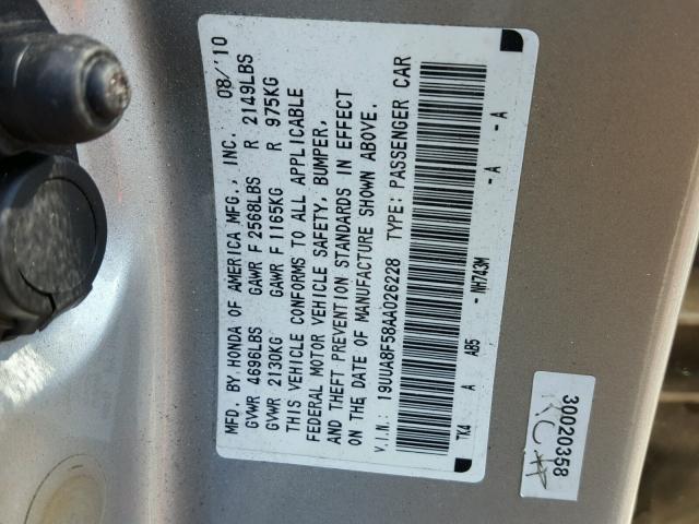 19UUA8F58AA026228 - 2010 ACURA TL SILVER photo 10